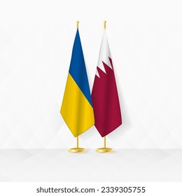 Banderas de Ucrania y Qatar en el puesto de bandera, ilustración para la diplomacia y otro encuentro entre Ucrania y Qatar. Ilustración vectorial.