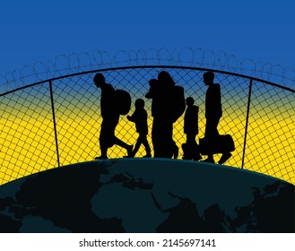 Ukraine Refugee concept Vector Illustration. World refugee day campaign poster or awareness poster template. Ukraine Refugees near barbed wire fence. 