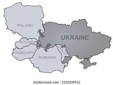 Ukraine refugees map to neighbors countries. vector