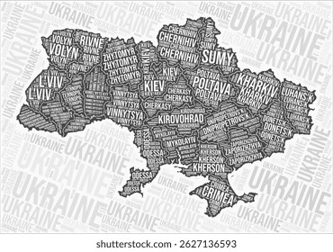 Ukraine regions map word cloud. Ukraine region names. Black and white map design. Classy vector illustration.