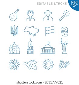 Ukraine related icons. Editable stroke. Thin vector icon set