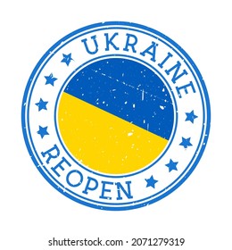 Ukraine Reopening Stamp. Round badge of the country with the flag of Ukraine. Reopening after lockdown sign. Vector illustration.