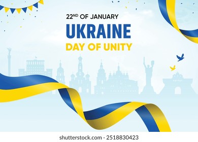 Ukraine Republic Flag Waving On Skyline Background. Day of Unity Concept Design Vector Illustration.