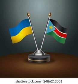 Ukraine and Republic of North Sudan flag together. Small table flag with color gradient background
