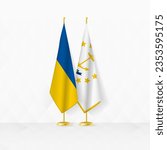 Ukraine and Rhode Island flags on flag stand, illustration for diplomacy and other meeting between Ukraine and Rhode Island. Vector illustration.