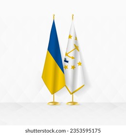 Ukraine and Rhode Island flags on flag stand, illustration for diplomacy and other meeting between Ukraine and Rhode Island. Vector illustration.