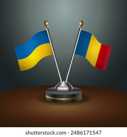 Ukraine and Romania flag together. Small table flag with color gradient background
