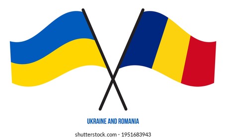 Ukraine and Romania Flags Crossed And Waving Flat Style. Official Proportion. Correct Colors.