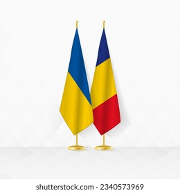 Banderas de Ucrania y Rumania en el puesto de bandera, ilustración para la diplomacia y otra reunión entre Ucrania y Rumania. Ilustración vectorial.