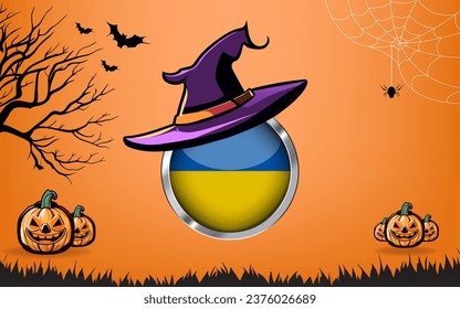 ukraine round flag with Happy Halloween banner or party invitation background. bats, spiders and pumpkins, orange background