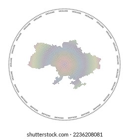 Ukraine round logo. Digital style shape of Ukraine in dotted circle with country name. Tech icon of the country with gradiented dots. Modern vector illustration.