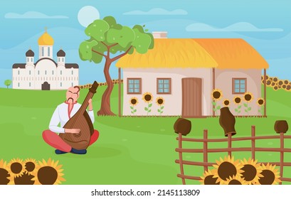 Ukraine rural scenery with house church sunflowers and cossack playing bandura on green lawn flat vector illustration