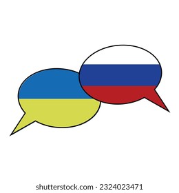 Ukraine and Russia chat bubbles, symbol of debate or talking, ukrainian flag and russian flag. 