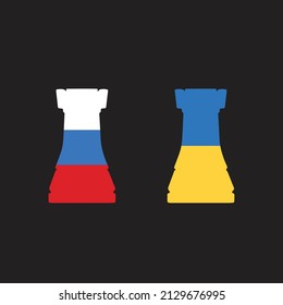 Ukraine and Russia conflict. Country flags on chess pawns on a chess board.