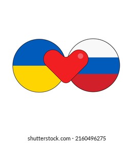 Ukraine and russia conflict. Ukraine and russia flags, heart. Vector illustration.
