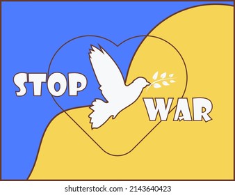 ukraine russia conflict stop war dove peace bird icon Ukrainian flag heart vector design banner