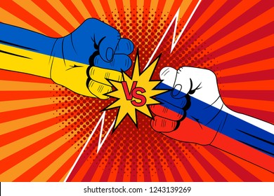 Ukraine and Russia flags.Versus rivalry fist vector background. Boxer punching or clashing fists for disagreement battle