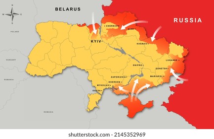 Ukraine and Russia military conflict. Map of Ukraine with military hotspots. War and aggression concepts. Geopolitical crisis. Independence and sovereignty of country. Cartoon flat vector illustration