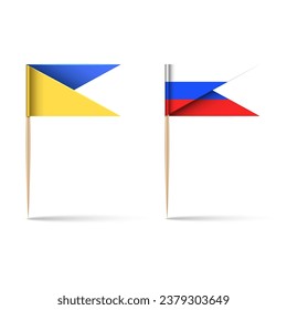 Ukraine and russia paper flags mockup with a wooden stick toothpick with shadow isolated white background, visualization design element for war strategy map pins, realistic vector 3d objects.