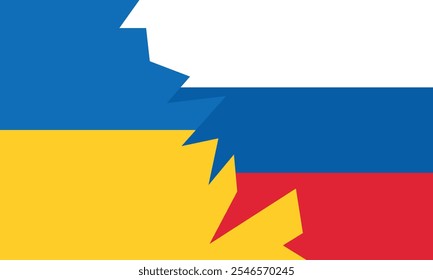 Ucrânia Rússia dividiu vetor de bandeira. As bandeiras da Ucrânia e da Rússia estão entrelaçadas. Uma narrativa visual da tensão geopolítica.