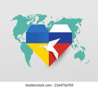 Ukraine and Russia symbol of peace. Stop war in Ukraine. Heart and bird origami symbol of peace for Ukraine and Russia. International peace symbol with origami style. Peace day background.