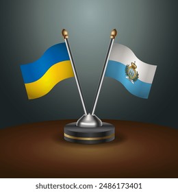 Ukraine and San Marino flag together. Small table flag with color gradient background
