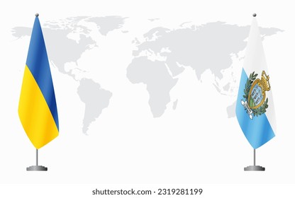 Ukraine and San Marino flags for official meeting against background of world map.