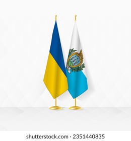 Ukraine and San Marino flags on flag stand, illustration for diplomacy and other meeting between Ukraine and San Marino. Vector illustration.