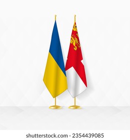 Ukraine and Sark flags on flag stand, illustration for diplomacy and other meeting between Ukraine and Sark. Vector illustration.