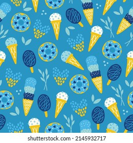 Ukraine seamless pattern with hearts, leaves, ice cream, donut, branches in blue and yellow colors. Perfect for wallpaper, wrapping paper, background, fabric. Vector illustration