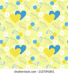 Ukraine seamless pattern. Sincere hearts blue and yellow, favorite cherries and viburnum, native white flowers. For use to the delight of our people in everyday life, advertising, production. Modern 