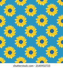 Ukraine seamless pattern with sunflowers in blue and yellow colors. Perfect for wallpaper, wrapping paper, background, fabric. Vector illustration
