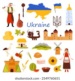 Ukraine set of culture elements, food and famous nature and architecture landmarks. Ukrainian food and monuments, chestnut and viburnum, Cossack and Ukrainian woman cartoon vector illustration