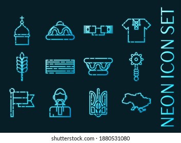 Ukraine set icons. Blue glowing neon style.