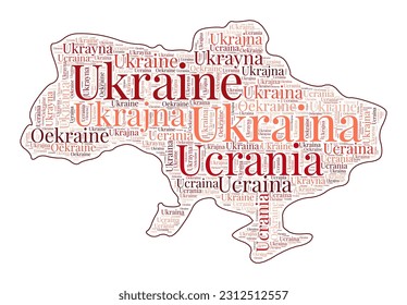 Ukraine shape filled with the country's name in many languages. Ukraine map in a word cloud style. Classy vector illustration.