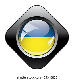 Ukraine shiny button flag with black frame -  vector illustration. Isolated abstract object against white background.