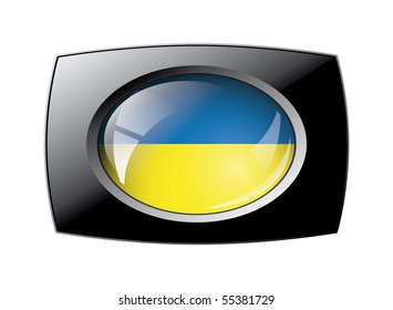 Ukraine shiny button flag with black frame -  vector illustration. Isolated abstract object against white background.