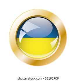Ukraine shiny button flag with golden ring vector illustration. Isolated abstract object against white background.