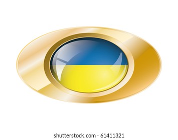 Ukraine shiny button flag vector illustration. Isolated abstract object on metal background.