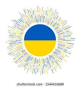 Ukraine sign. Country flag with colorful rays. Radiant sunburst with Ukraine flag. Vector illustration.