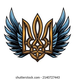 Ukraine sign. Vector illustration of stylized Ukrainian trident with wings in engraving technique.
