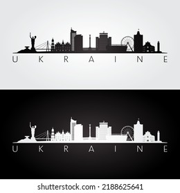 Ukraine Skyline And Landmarks Silhouette, Black And White Design, Vector Illustration.