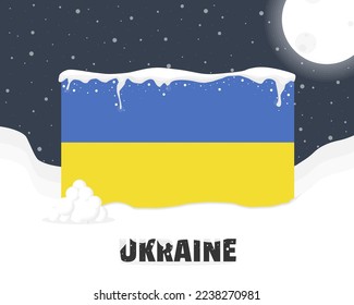 Ukraine snowy weather concept, cold weather and snowfall, Ukraine weather forecast winter banner idea, snow cap on flag with snowballs and moon, blizzard and adverse weather conditions