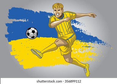 Ukraine soccer player with flag as a background