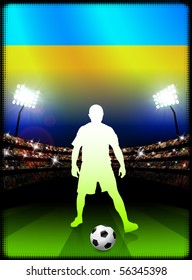 Ukraine Soccer Player with Flag on Stadium Background Original Illustration