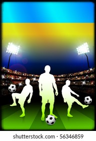 Ukraine Soccer Player with Flag on Stadium Background Original Illustration
