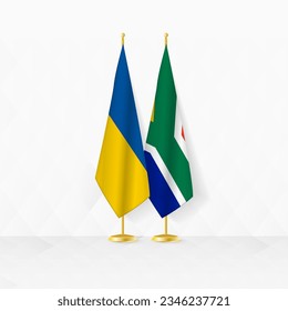 Ukraine and South Africa flags on flag stand, illustration for diplomacy and other meeting between Ukraine and South Africa. Vector illustration.