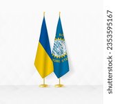 Ukraine and South Dakota flags on flag stand, illustration for diplomacy and other meeting between Ukraine and South Dakota. Vector illustration.