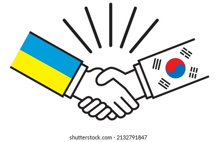 Ukraine and South Korea, handshakes with national flags. Image illustrations of wars, conflicts, alliances, reconciliations, agreements between nations, icons.