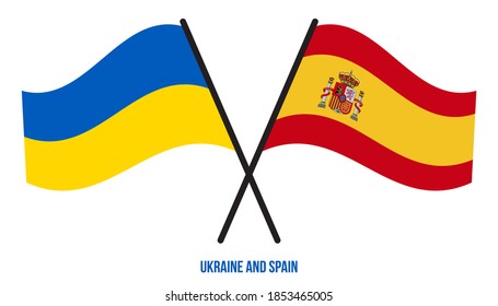 Banderas de Ucrania y España cruzadas y ondeando estilo plano. Proporción oficial. Colores correctos.